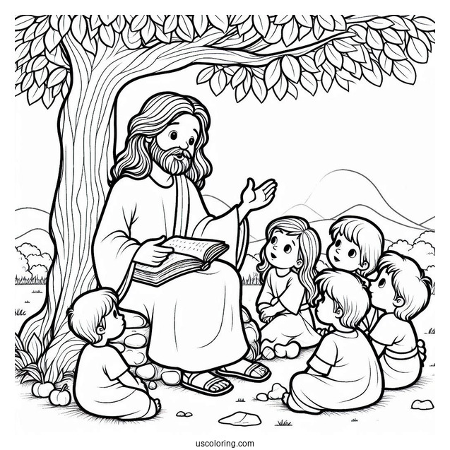Cartoon Jesus Coloring Page Teaching Children Under The Tree For Kids
