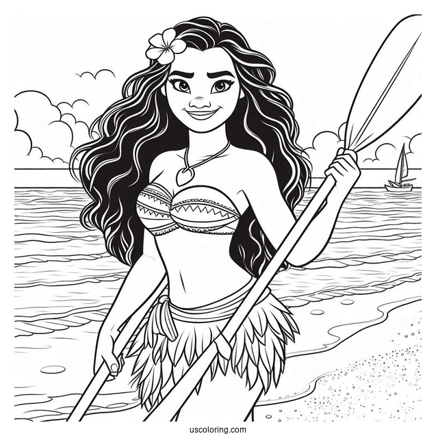 Moana Holding An Oar At The Beach Coloring Page For Kids