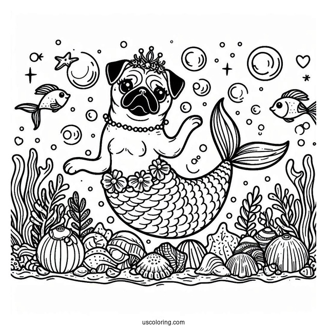 Mermaid Pug Coloring Page Under the Sea