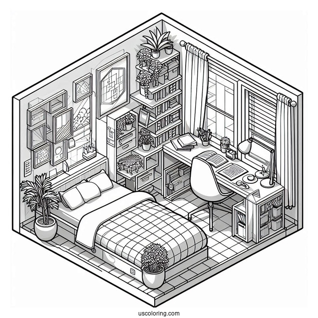 Small Isometric Bedroom Coloring Page With Study Desk And Balcony