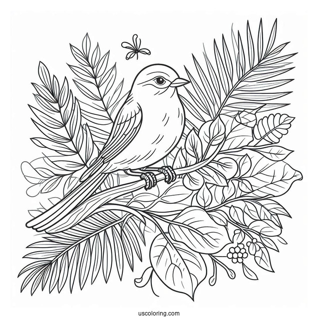 Easy Outline Of Bird Perched On Leaf In Jungle Coloring Page