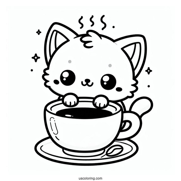 Kawaii Kitten Holding A Steaming Cup Of Coffee Coloring Page