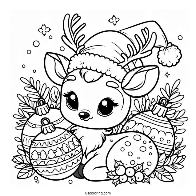 Christmas Coloring Pages For Adults Of Cute Reindeer With Christmas Baubles And Santa Hat