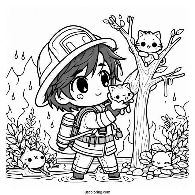 Heroic Chibi Coloring Page Firefighter Saving a Kitten from a Tree
