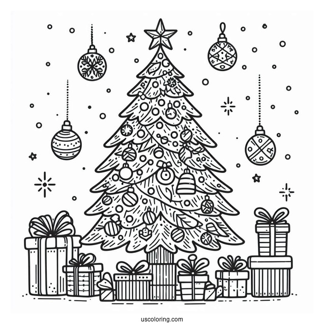 Christmas Tree With Presents And Ornaments To Color