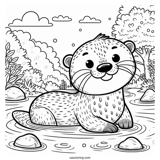 Cartoon Otter Coloring Page Swimming In River For Kids