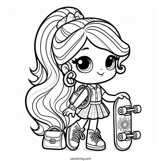 Easy Polly Pocket Coloring Page Holding Skateboard