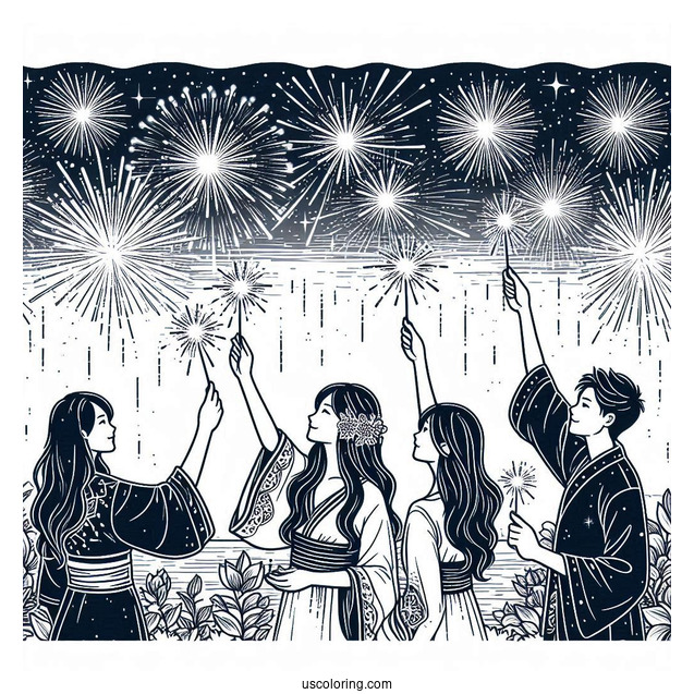 People Holding Up Sparklers To A Sky Filled With Fireworks On New Year Coloring Page