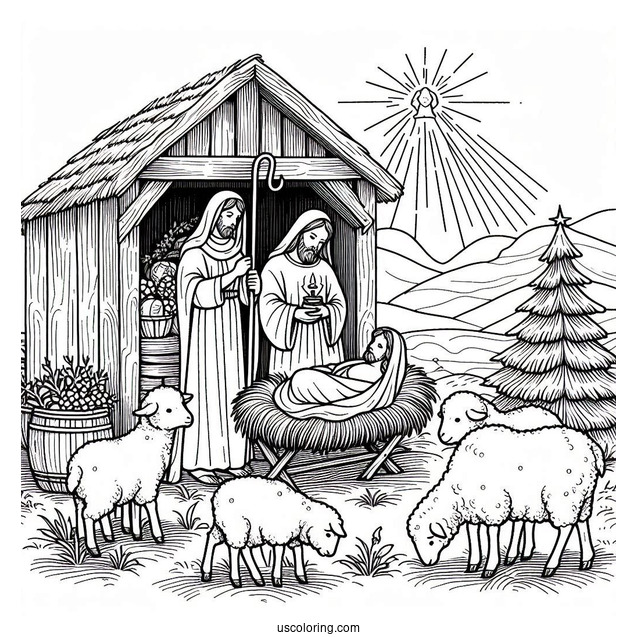 Nativity Coloring Page of Jesus In a Stable And Sheep
