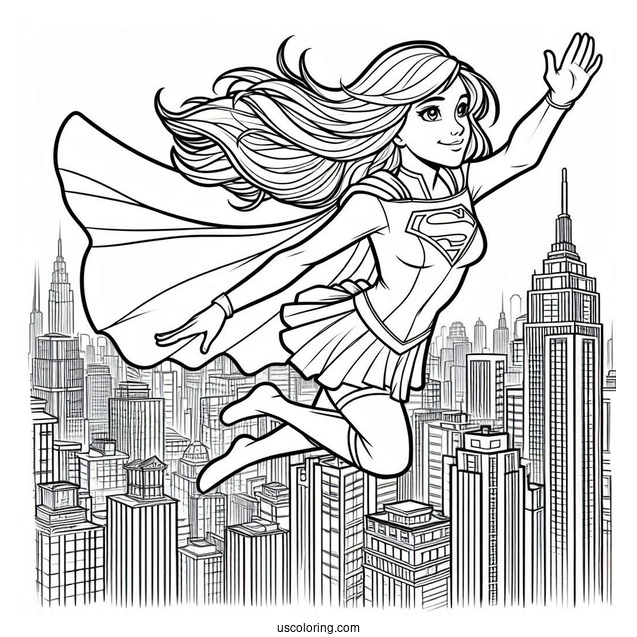 Coloring Page Of Supergirl Flying In The City