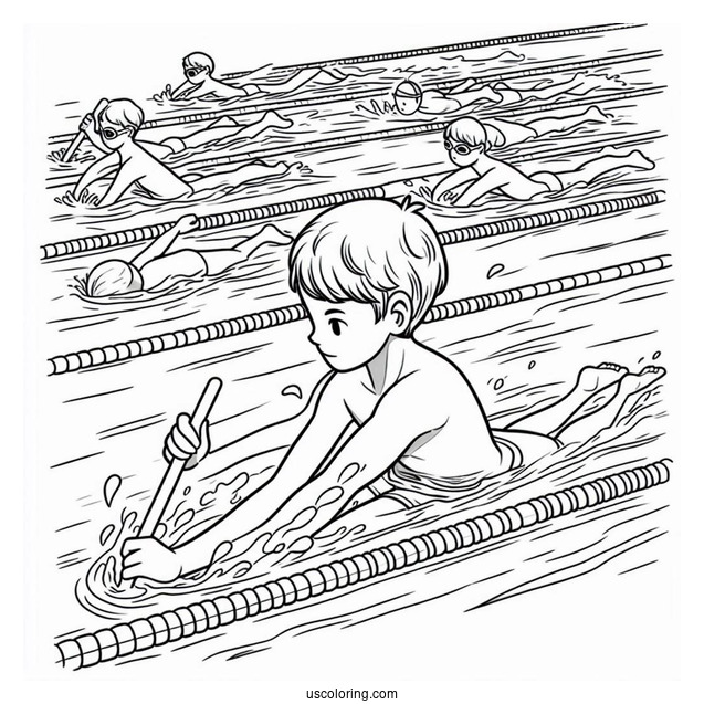 Swimming Coloring Page Of Children Holding Onto Lane Lines While Paddling Feet