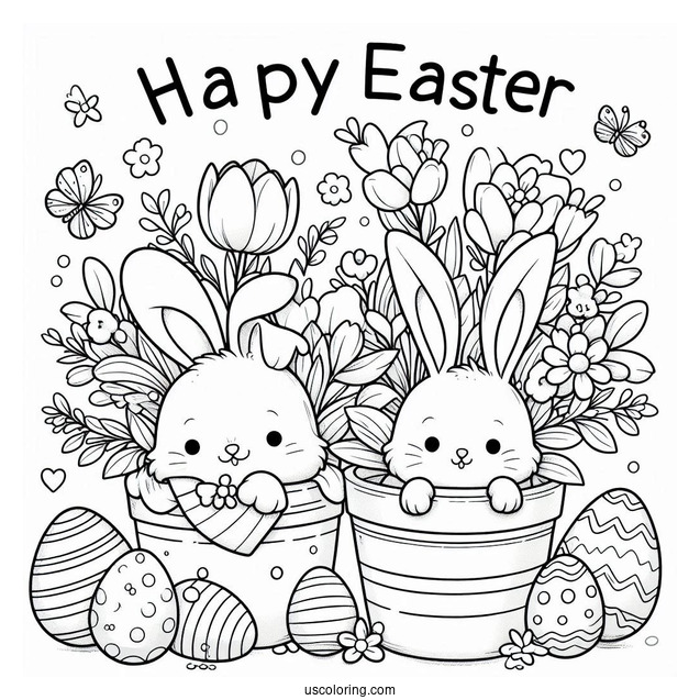 Easter Coloring Page Of Happy Easter With Bunny In A Flower Pot