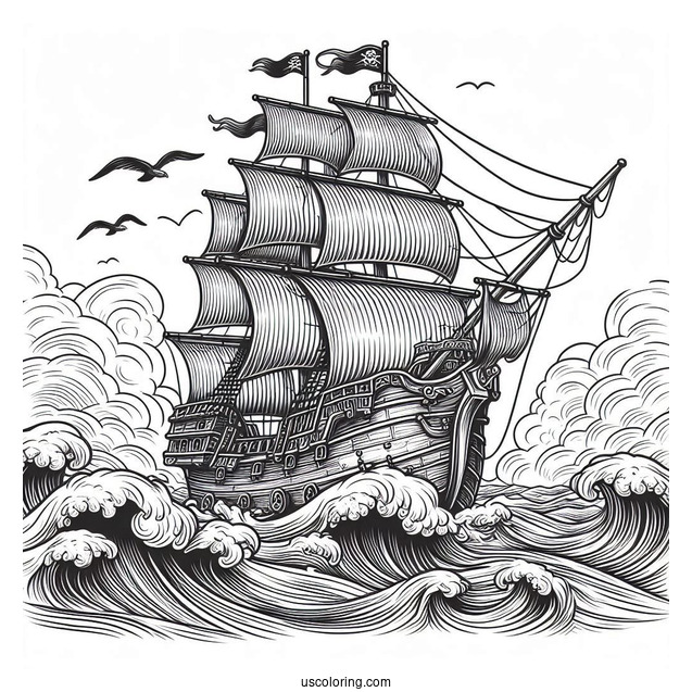 Realistic Pirate Ship Coloring Page With Large Waves At The Side