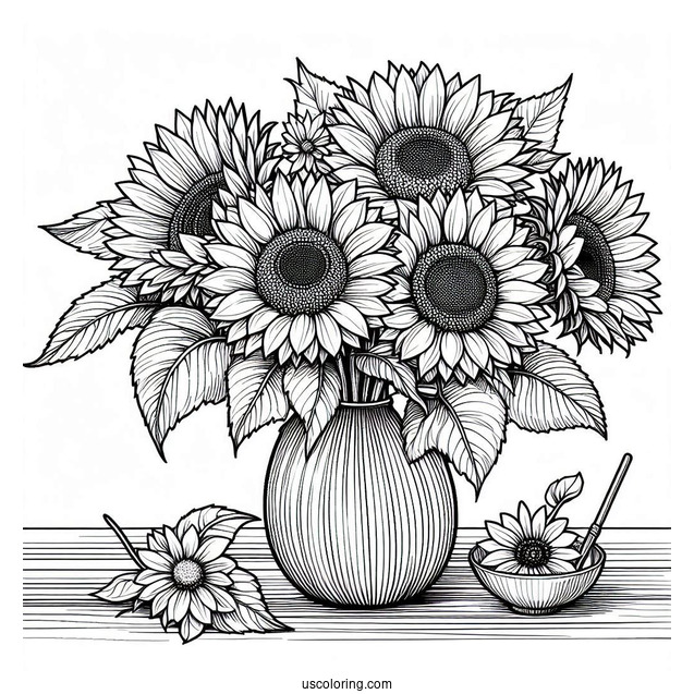 Detailed Sunflowers In Vase For Coloring