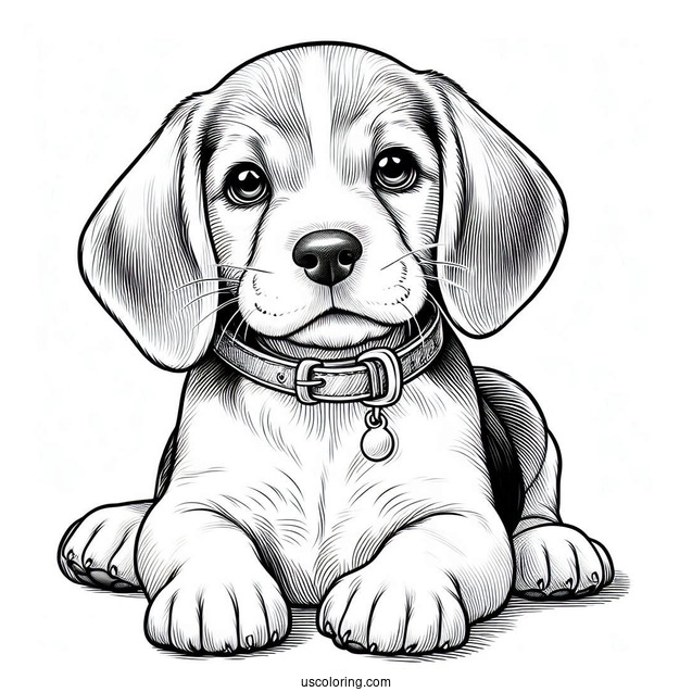 Coloring Page Of Realistic Beagle Puppy With Collar