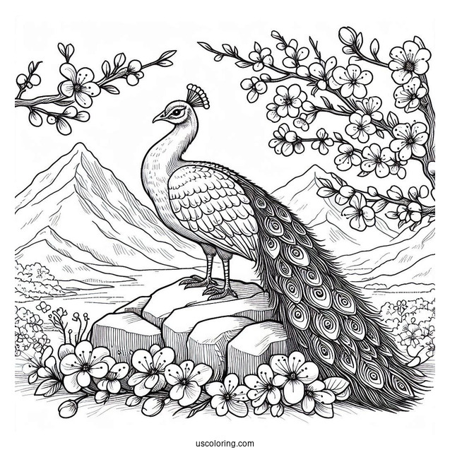 Peacock Coloring Page on Rock with Blossoms and Mountain Landscape