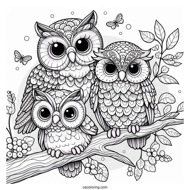 Cute Coloring Page Realistic Owls Perched On A Tree Branch