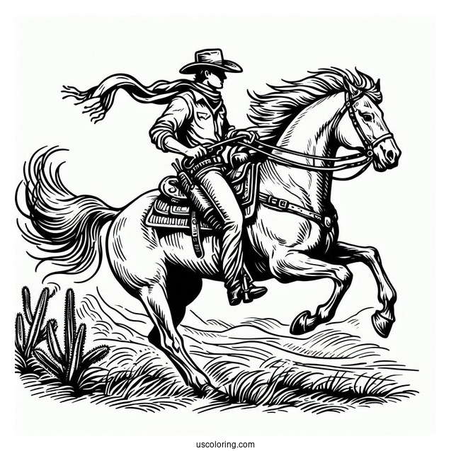 Cowboy Coloring Page Rearing A Horse