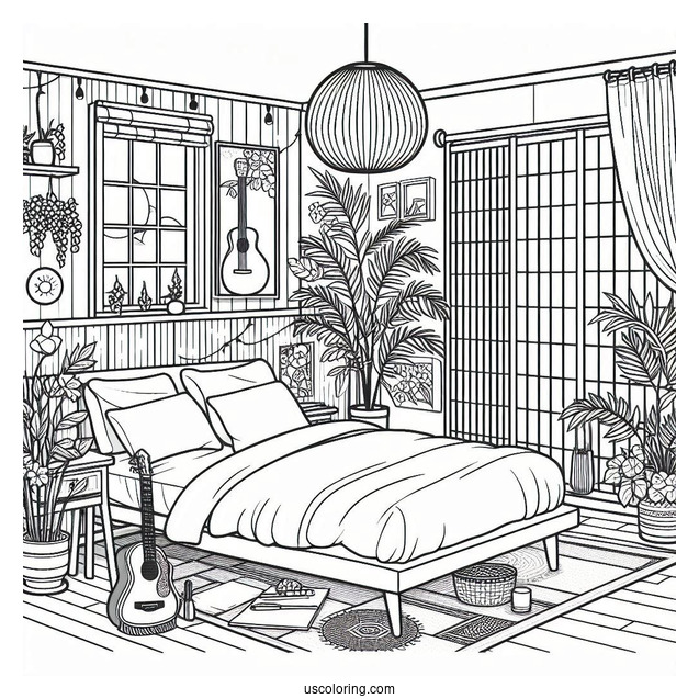Bedroom Coloring Page Japanese Theme Bedroom With Plants And Guitar