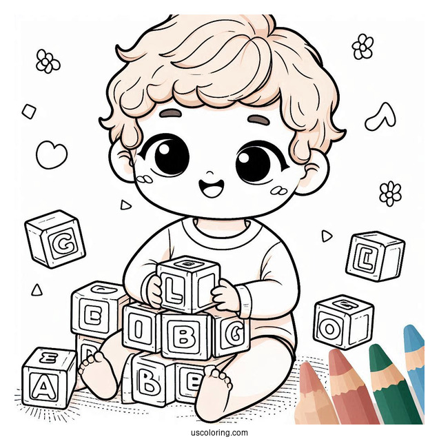 Cute Baby Coloring Page Playing With Alphabet Blocks