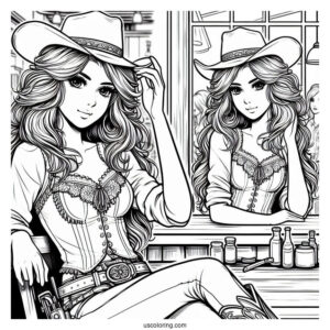 Female Cowboy Coloring Page In Saloon