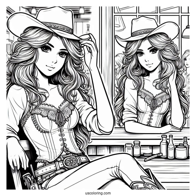 Female Cowboy Coloring Page In Saloon