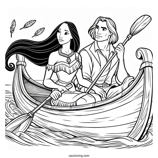 Pocahontas And John Smith On Canoe Coloring In