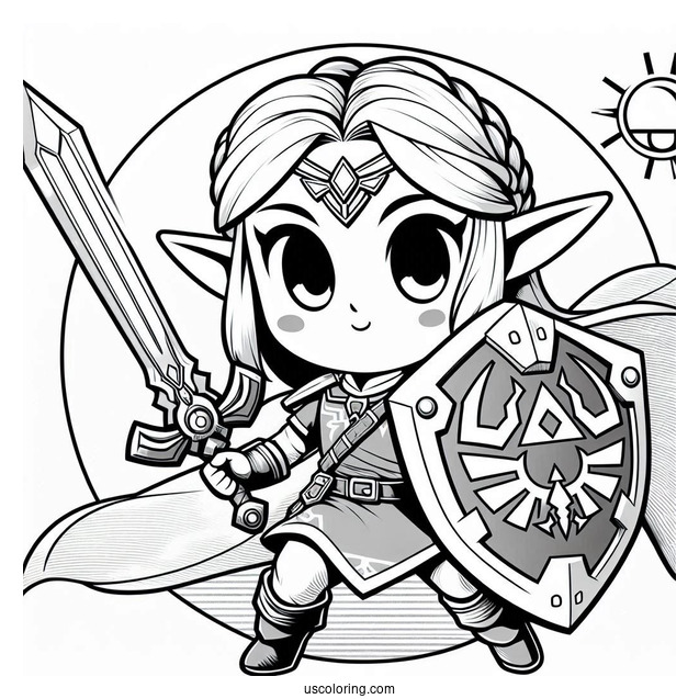 Super Smash Bros Coloring Page Of Zelda With Sword And Shield For Kids