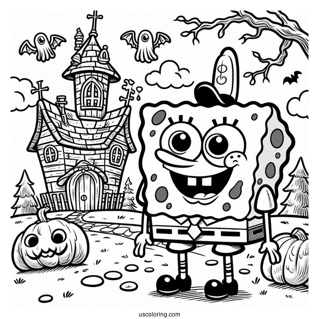 Adorable SpongeBob Coloring Page In Front Of Haunted House