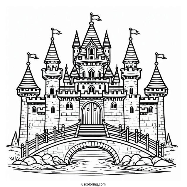 Front View Of A Castle Coloring Page With Bridge And Moat