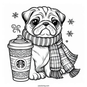 Winter Pug with Latte and Scarf Coloring Page