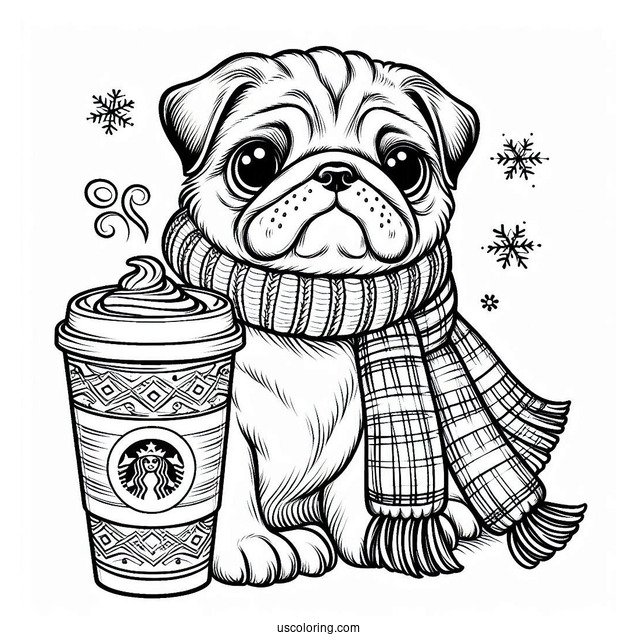 Winter Pug with Latte and Scarf Coloring Page