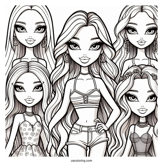 Bratz Jade, Sasha, Cloe, and Yasmin Coloring In