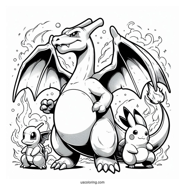 Charizard With Blastoise And Pikachu Coloring Sheet