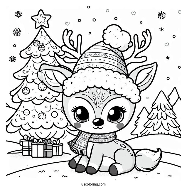 Adorable Little Rudolph Coloring Page Beside A Christmas Tree For Preschoolers