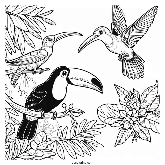 Toucans And Hummingbirds In The Jungle Coloring Page