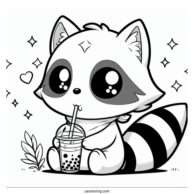 Chibi Raccoon Coloring Page Drinking Boba Tea For Kids