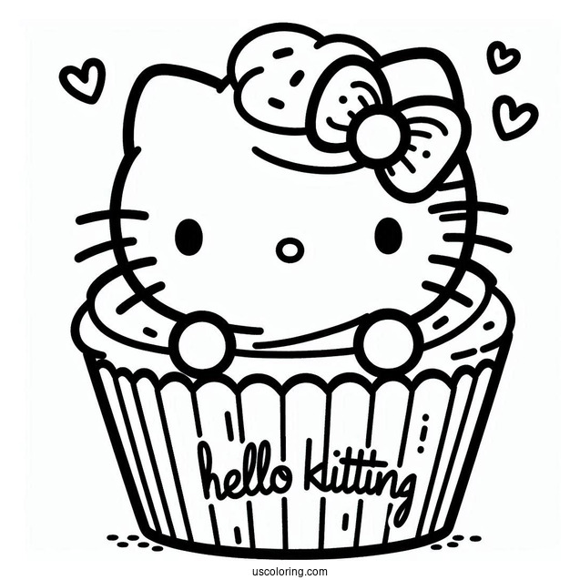 Hello Kitting Cupcake Coloring Page