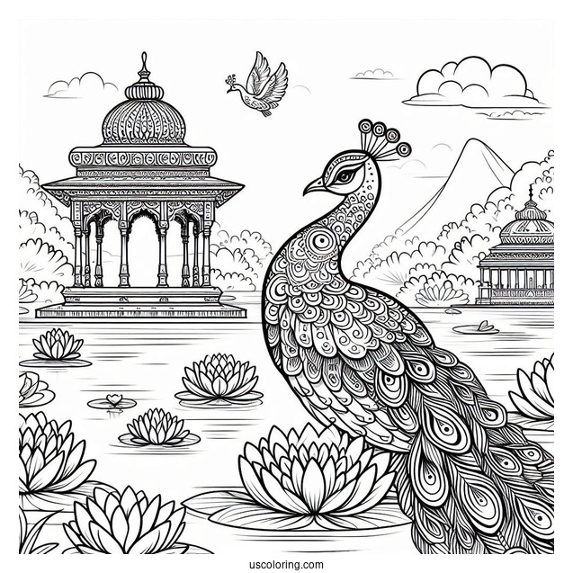 Peacock Coloring Page by Lotus Pond with Temple Background for Adults