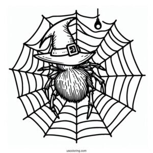 Outline Of Spider On Web Wearing Witches Hat