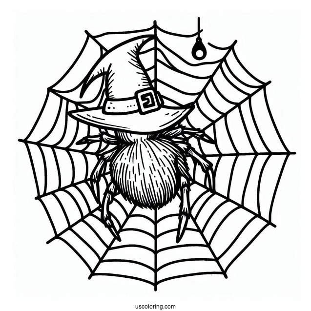 Outline Of Spider On Web Wearing Witches Hat
