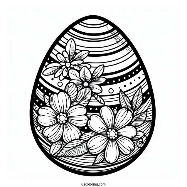 Easter Egg With Stripes And Flowers Coloring Sheet