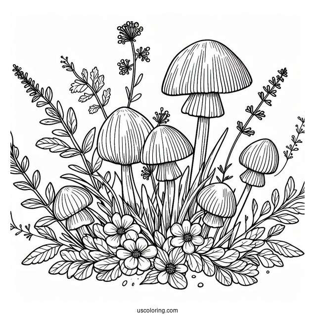 Wildflowers And Weeds Growing Around Mushroom Coloring Page