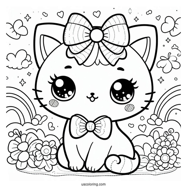 Kawaii Cat With Bow Coloring Page For Preschoolers
