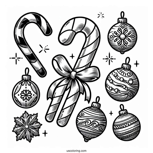 Candy Cane And Christmas Ornaments To Color