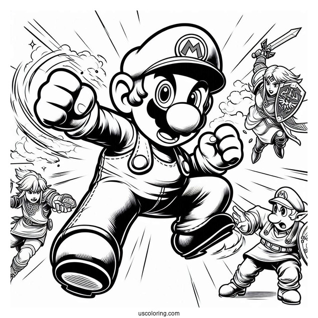 Super Smash Bros Coloring Page Of Mario Fighting Zelda