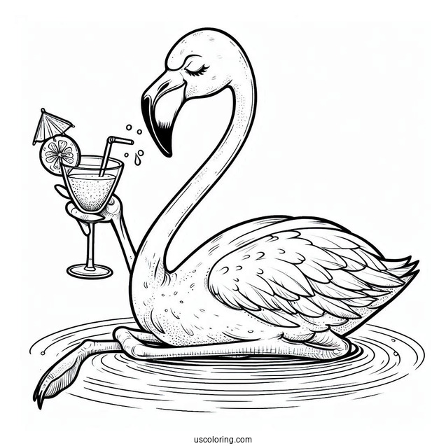 Flamingo Relaxing Drinking a Cocktail To Color