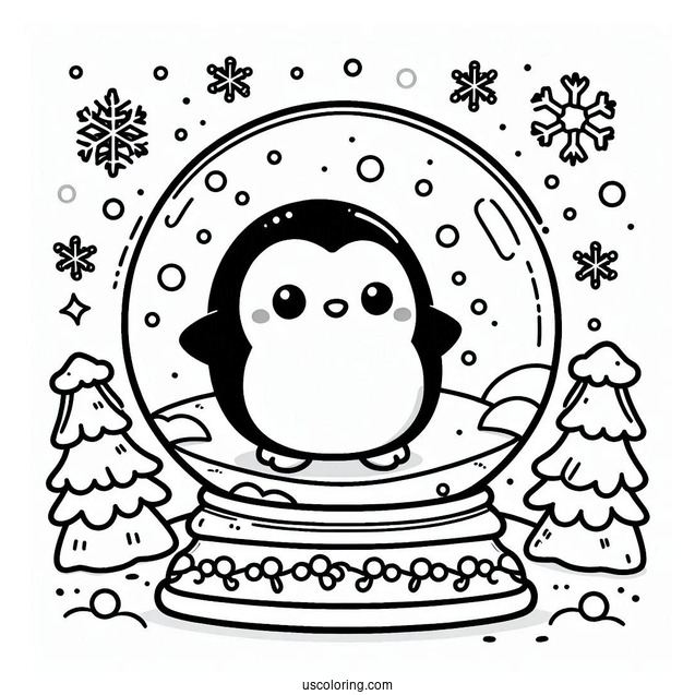 Kawaii Penguin Inside A Snow Globe Coloring Page For Preschoolers