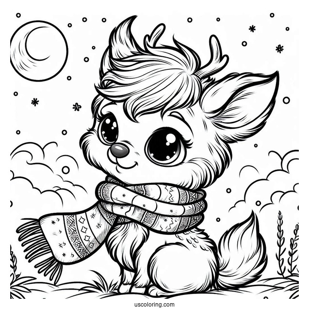 Furry Rudolph Coloring Page Wearing A Scarf Under The Night Sky