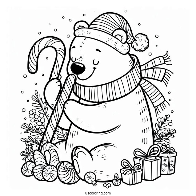 Big Polar Bear With Christmas Candy Canes Coloring In